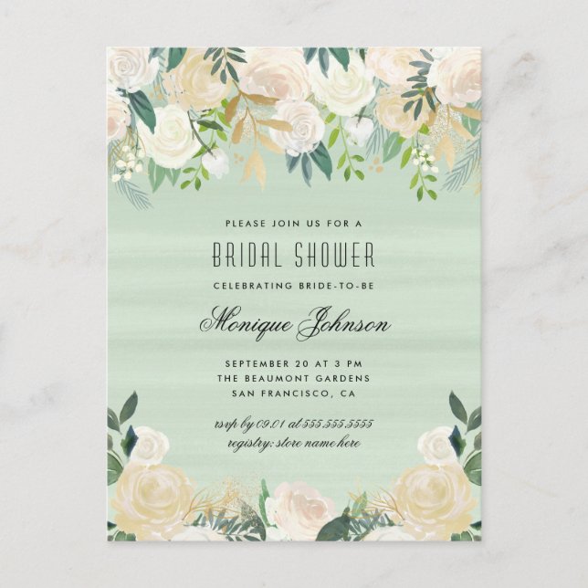 Postal De Invitación Chic Flores Acuarela Baño Nupcial (Anverso)
