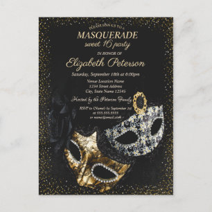 Postal De Invitación Chic Máscara de Negros, Máscara Confeti Dulces 16
