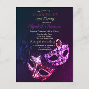 Postal De Invitación Chic Máscara de Negros, Máscara Dulces 16