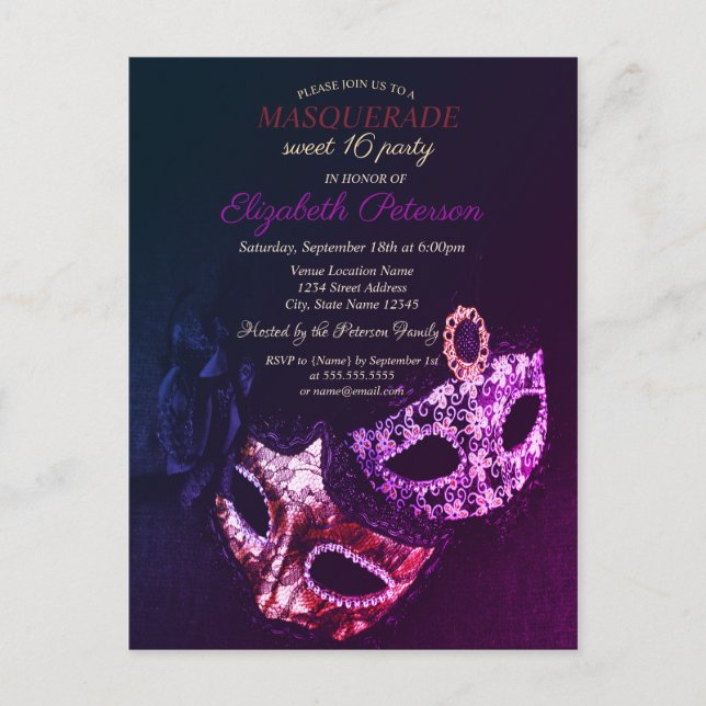 Postal De Invitación Chic Máscara de Negros, Máscara Dulces 16 (Anverso)
