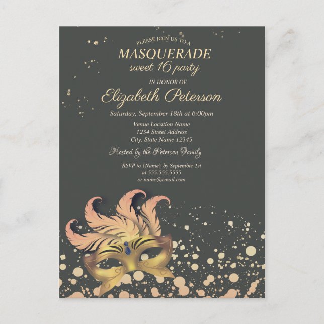 Postal De Invitación Chic Masquerade,Puntos, Masque Sweet 16 (Anverso)