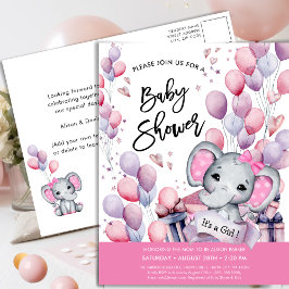 Postal De Invitación Chica Baby Elephant Globos rosados Baby Shower dul