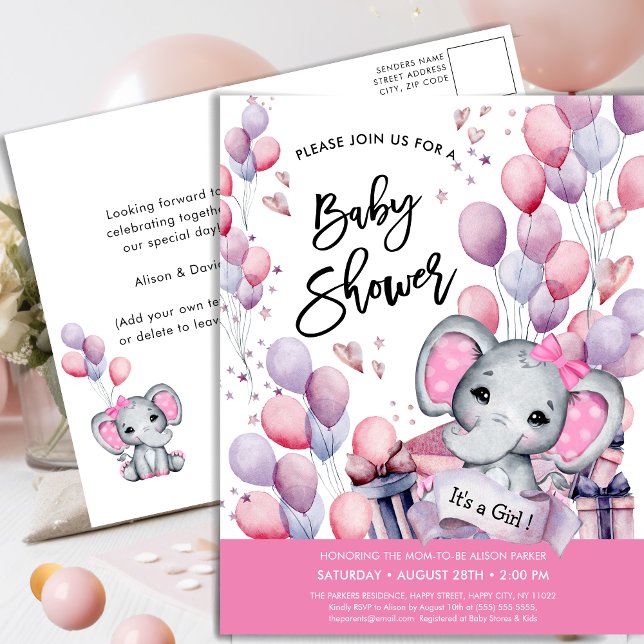 Postal De Invitación Chica Baby Elephant Globos rosados Baby Shower dul (Subido por el creador)