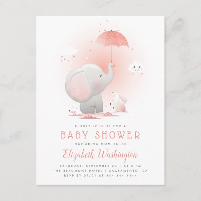 Postal De Invitación Chica Baby Shower de Peach Umbrella Elephant y Bun (Anverso)