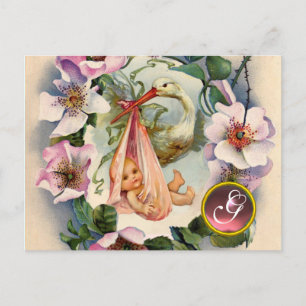 POSTAL DE INVITACIÓN CHICA BABY SHOWER, MONOGRAMA SALVAJE ROSADO DE LA