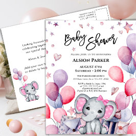 Postal De Invitación Chica bebé elefante globos rosados lindo Baby Show