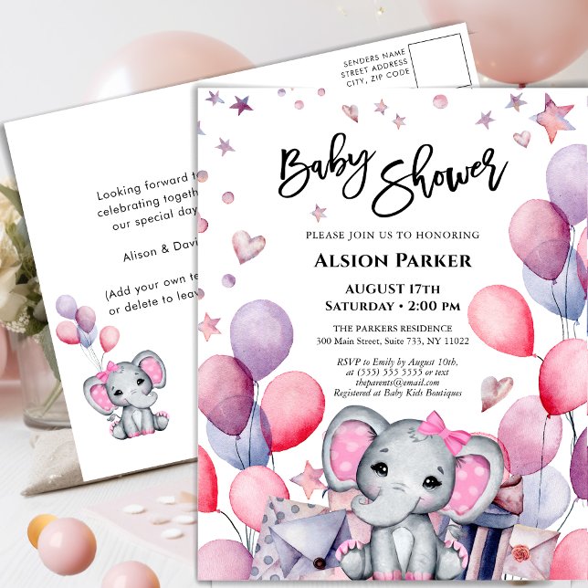 Postal De Invitación Chica bebé elefante globos rosados lindo Baby Show (Subido por el creador)