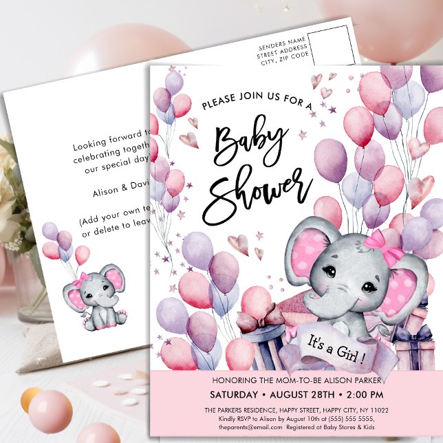 Postal De Invitación Chica bebé elefante globos rosados lindo Baby Show (Subido por el creador)
