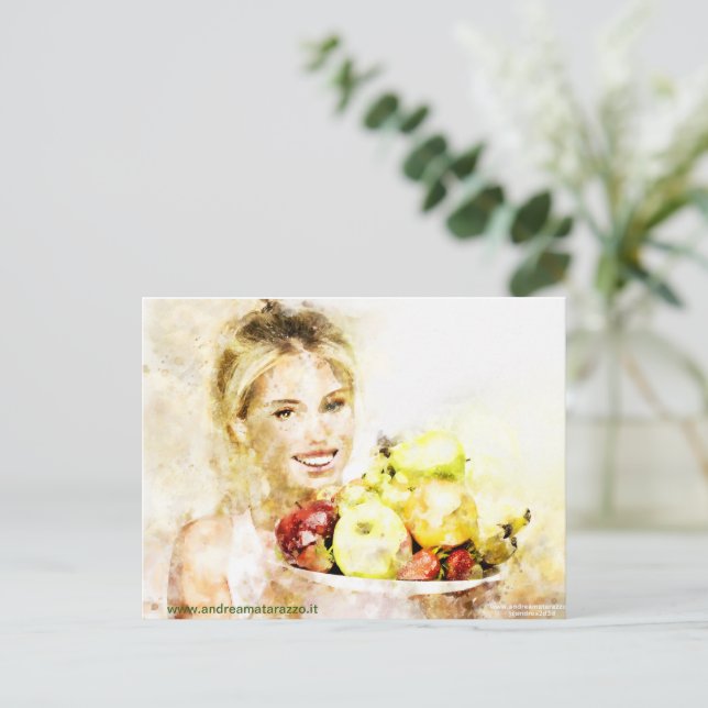 Postal De Invitación Chica con frutas (Anverso de pie)
