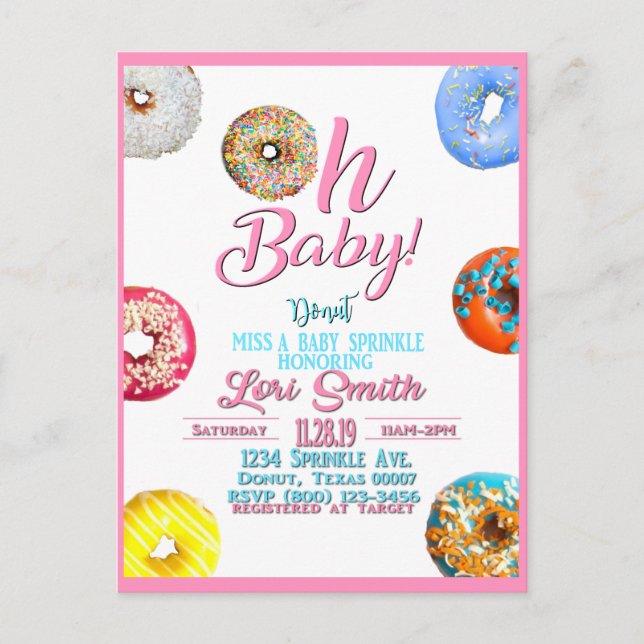 Postal De Invitación Chica de Baby Shower Sprinkle Donuts (Anverso)