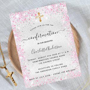 Postal De Invitación Chica de brillo rosado purpurina de plata de confi