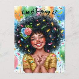 Postal De Invitación Chica de cumpleaños negro con arte de globos