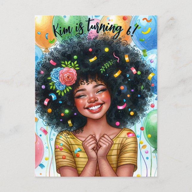 Postal De Invitación Chica de cumpleaños negro con arte de globos (Anverso)