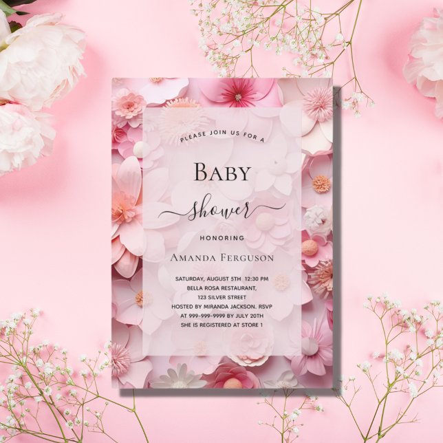 Postal De Invitación chica de flores rosadas de Baby Shower (Subido por el creador)