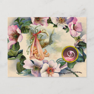 POSTAL DE INVITACIÓN CHICA DE HISTORIAS BABY SHOWER, MONOGRAMA DE ROSAS