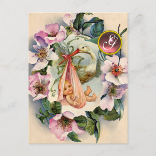 POSTAL DE INVITACIÓN CHICA DE HISTORIAS BABY SHOWER, MONOGRAMA DE ROSAS