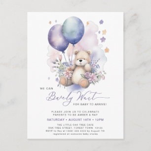 Postal De Invitación Chica de Oso de Globo Púrpura Floral Rosa Baby Sho