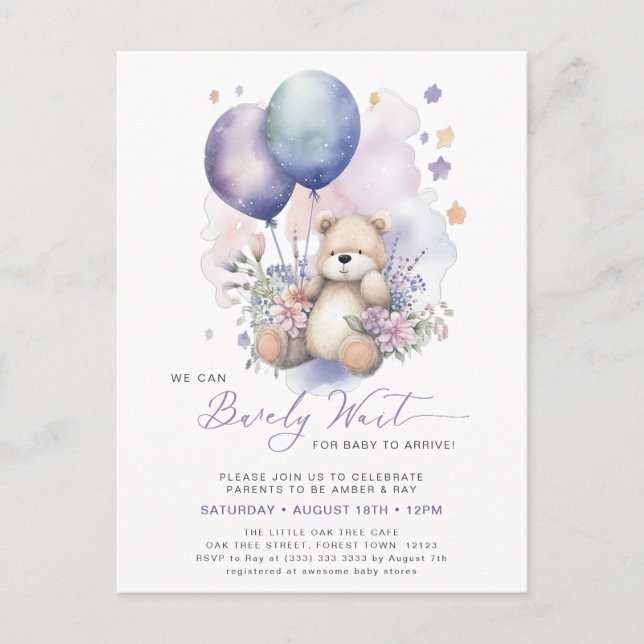 Postal De Invitación Chica de Oso de Globo Púrpura Floral Rosa Baby Sho (Anverso)