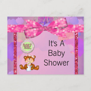Postal De Invitación Chica de Oso Teddy Purpurina Sparkle Baby Shower