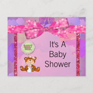 Postal De Invitación Chica de Oso Teddy Purpurina Sparkle Baby Shower
