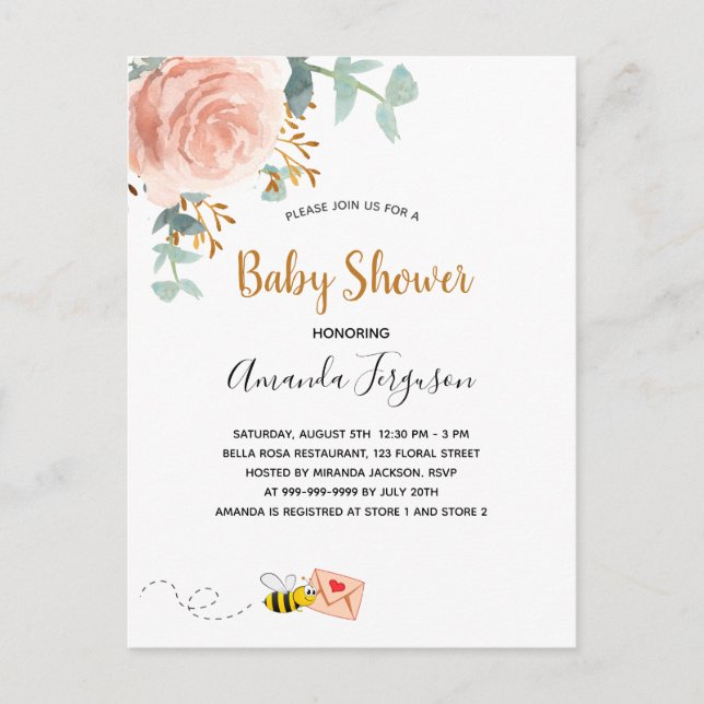 Postal De Invitación chica de vegetación floral de abejas rosa de Baby  (Anverso)