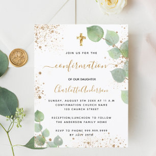 Postal De Invitación Chica del purpurina de oro de confirmación eucalip