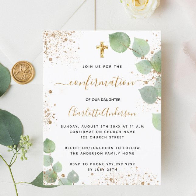 Postal De Invitación Chica del purpurina de oro de confirmación eucalip (Subido por el creador)