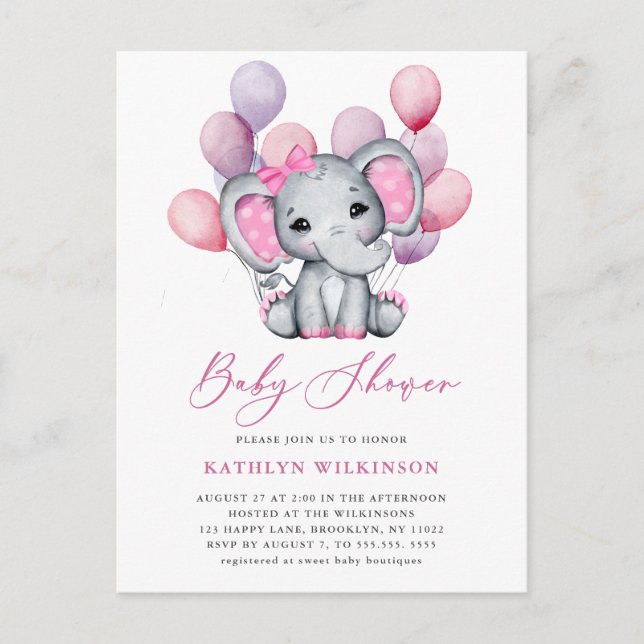 Postal De Invitación Chica Elephant Guión de globo rosa Cuestionado Bab (Anverso)
