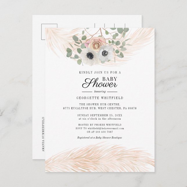 Postal De Invitación Chica Floral Pampas Grass Baby Shower (Anverso / Reverso)