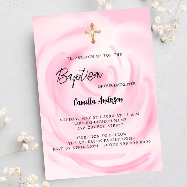 Postal De Invitación Chica floral rosa suave Bautismo (Subido por el creador)