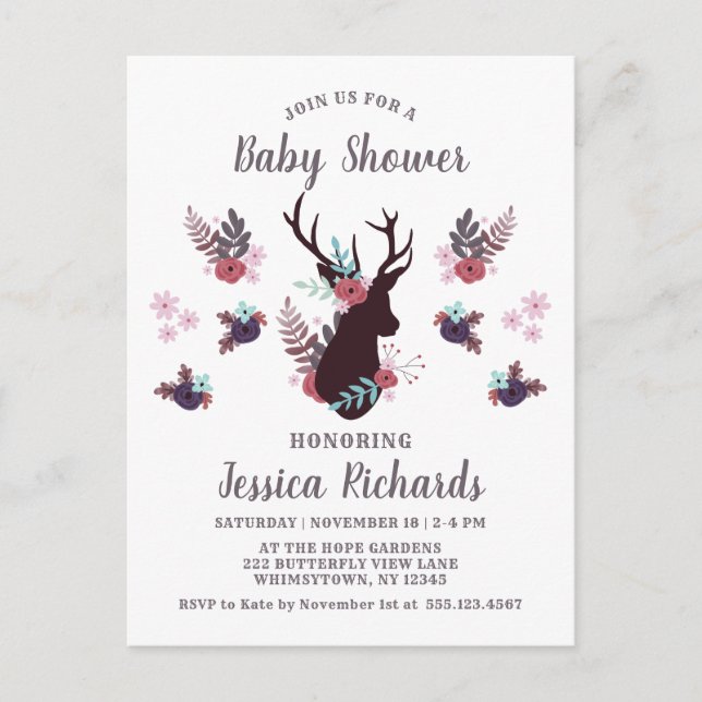 Postal De Invitación Chica floral Rustic Deer Head Mauve Baby Shower (Anverso)