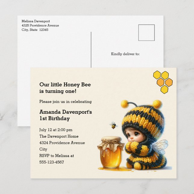 Postal De Invitación Chica lindo con traje de abeja con cumpleaños de m (Anverso / Reverso)