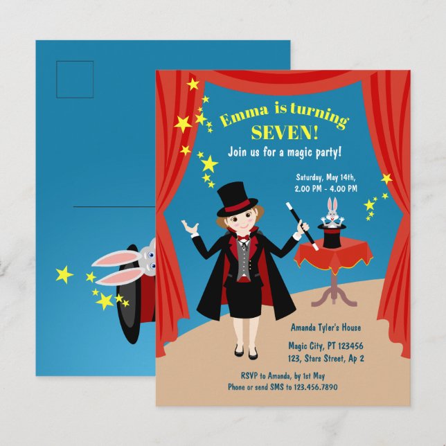 Postal De Invitación Chica mago muestra fiesta de cumpleaños (Anverso / Reverso)