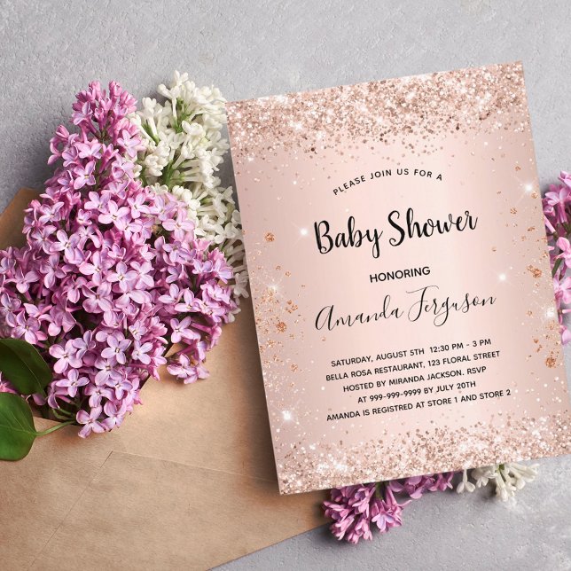 Postal De Invitación chica metalizado rosa purpurina de Baby Shower (Subido por el creador)