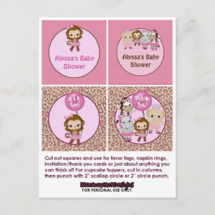Postal De Invitación CHICA MONKEY Baby Shower Cupcake Topper Tu Cute