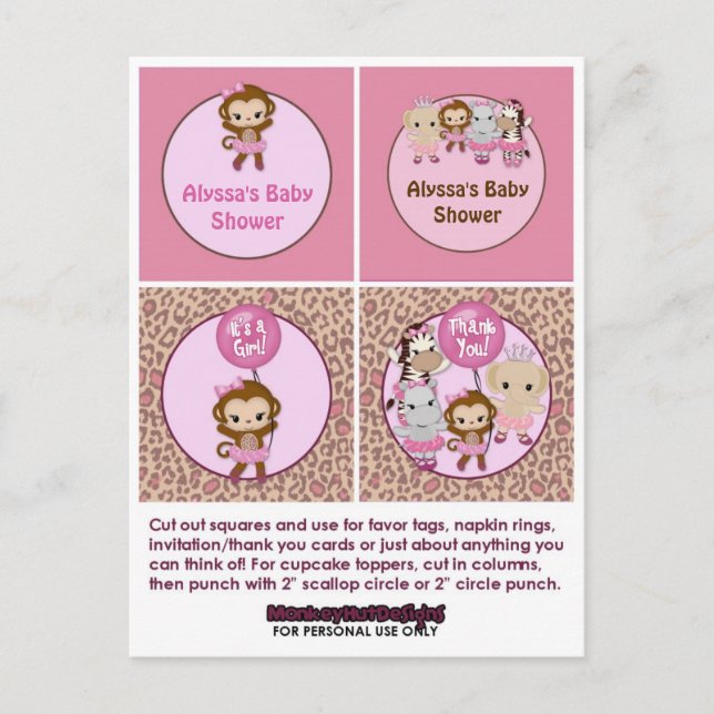 Postal De Invitación CHICA MONKEY Baby Shower Cupcake Topper Tu Cute (Anverso)