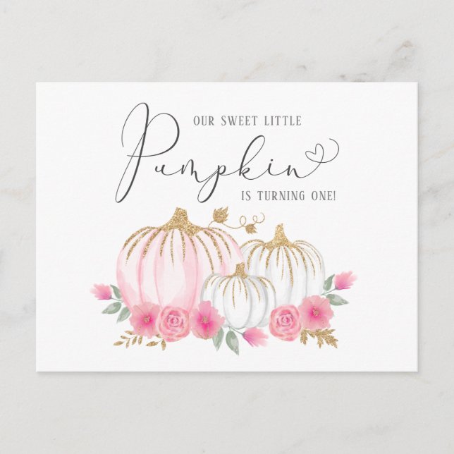 Postal De Invitación Chica Primer cumpleaños Pequeña Calabaza Floral ac (Anverso)