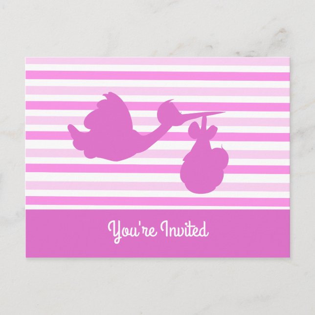 Postal De Invitación Chica rayado rosado de Baby Shower con cigüeña (Anverso)