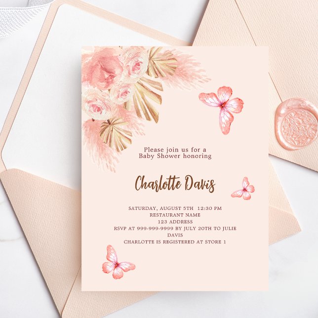 Postal De Invitación Chica rosa de mariposa pampas Baby Shower (Subido por el creador)