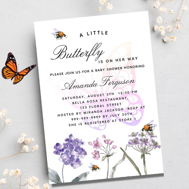 Postal De Invitación chica rosa violeta de flores silvestres de maripos (Subido por el creador)