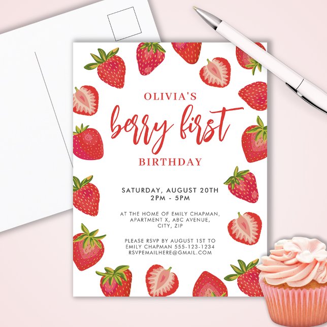 Postal De Invitación Chicas Berry Primera fiesta de cumpleaños de fresa (Berry First 1st strawberry birthday party invitation postcard. Custimize with your own text.)
