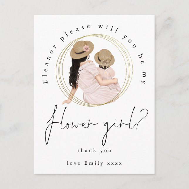 Postal De Invitación Chicas Brunette Will You Be My Flower Girl Request (Anverso)
