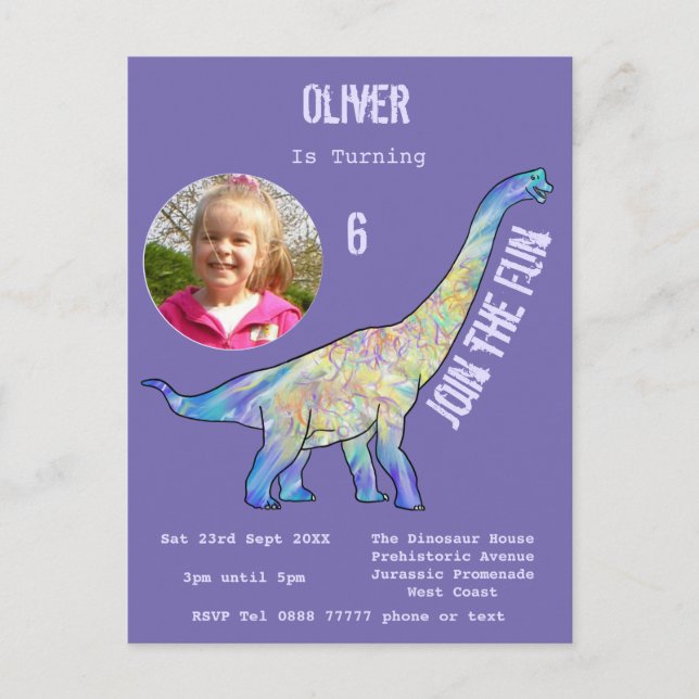 Postal De Invitación Chicas de Dinosaur Brachiosaurus Birthday Purple P (Anverso)