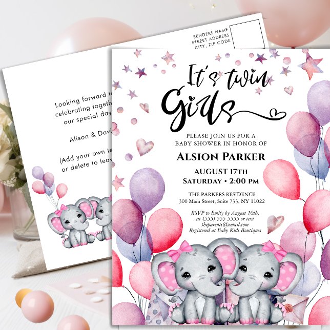 Postal De Invitación Chicas gemelos Baby Elephant Globo Rosa Baby Showe (Subido por el creador)