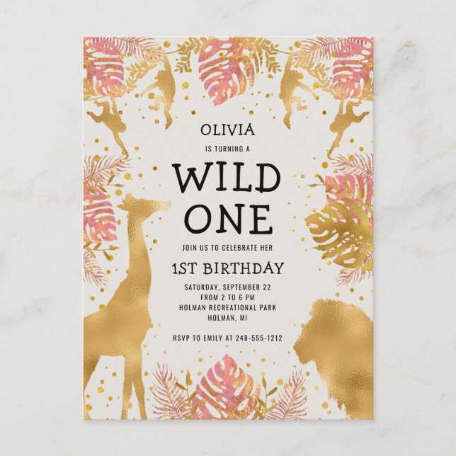 Postal De Invitación Chicas Primer Fiesta de cumpleaños Pink Ecru Safar (Anverso)