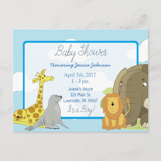 Postal De Invitación Chico: Baby Shower con tema de animales de la selv (Anverso)