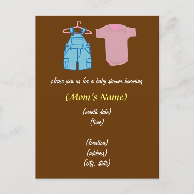 Postal De Invitación Chico y Chica de ropa - Baby Shower neutral de gén (Anverso)