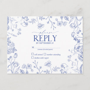 Postal De Invitación Chinoiserie Azul Francés Floral Victoriano RSVP