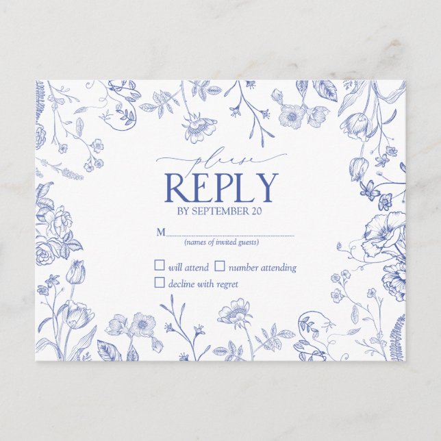 Postal De Invitación Chinoiserie Azul Francés Floral Victoriano RSVP (Anverso)