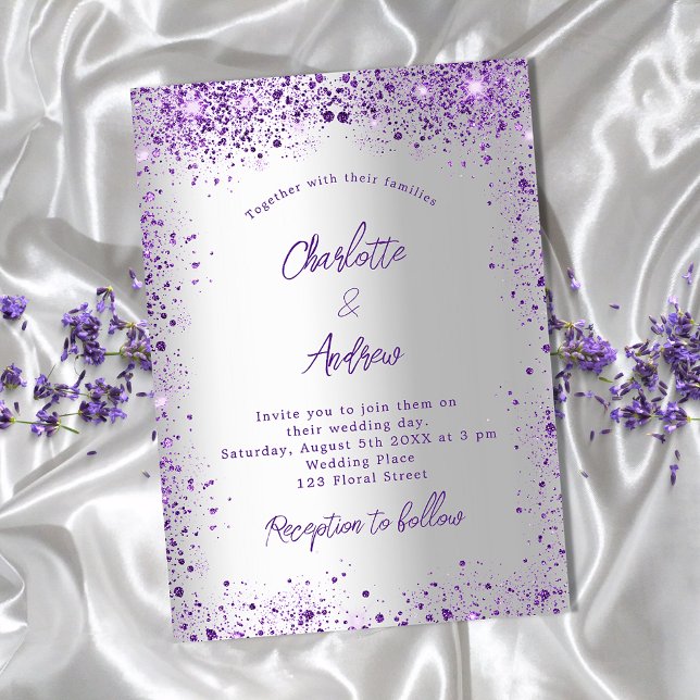 Postal De Invitación Chispas violetas de plata boda (Subido por el creador)